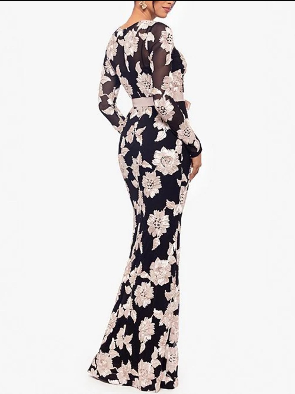 Betsy & Adam Black Long-Sleeve Gown with Ivory Floral Appliqué - Picture 3 of 9